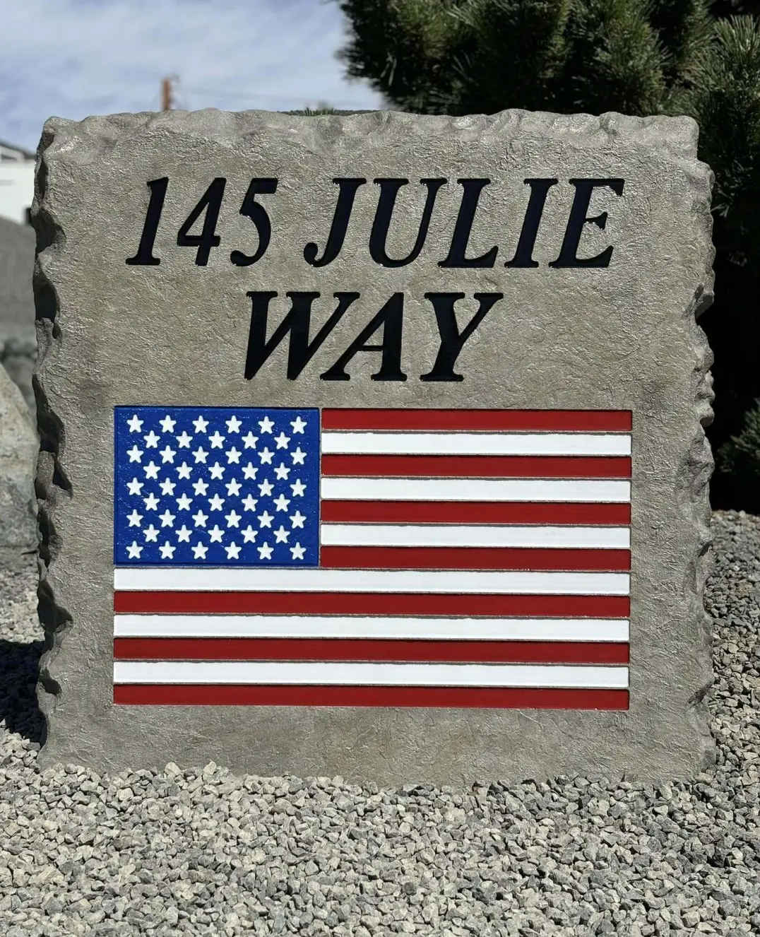 Address stone with an engraved American flag in full color