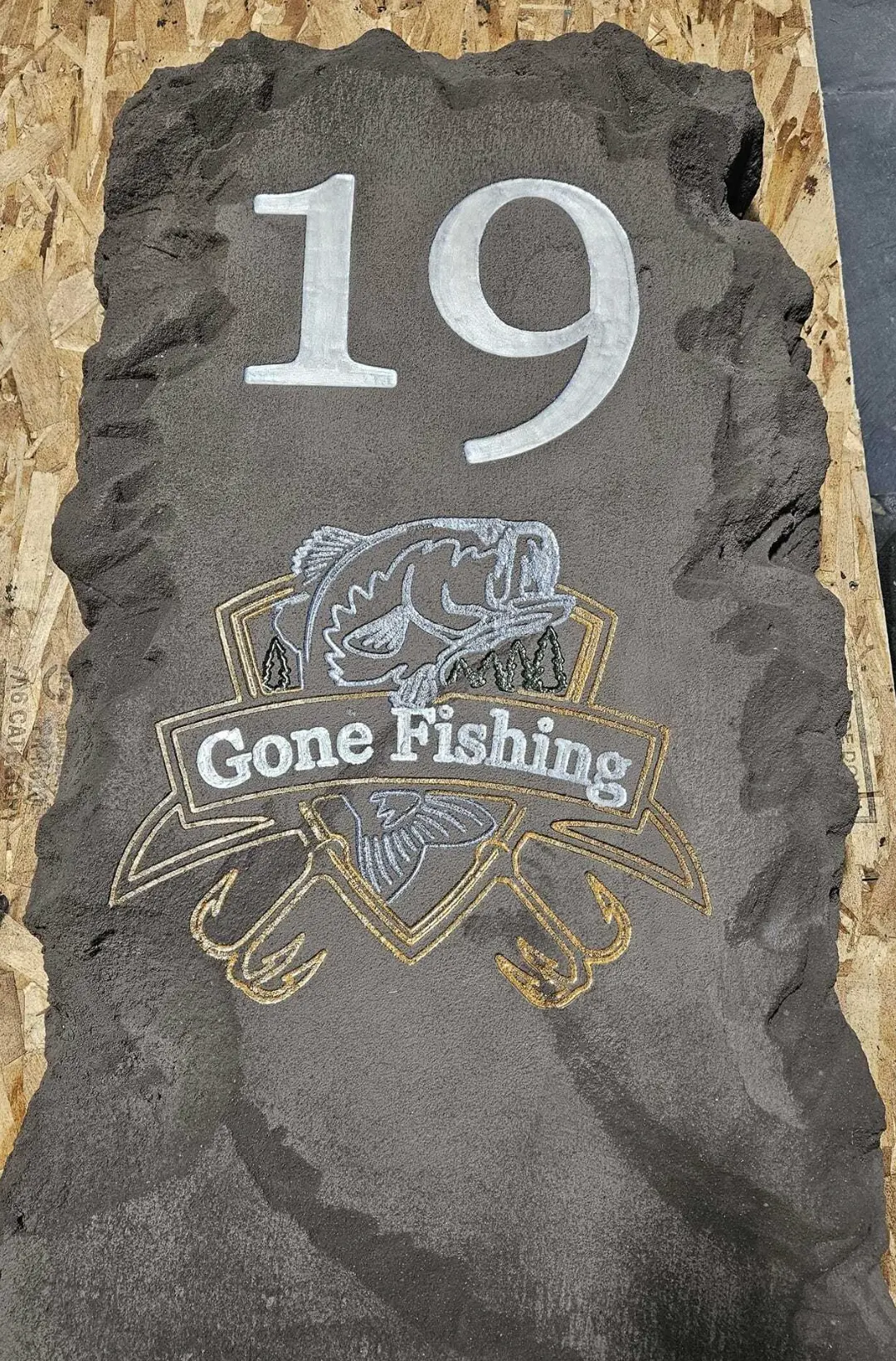 Gone Fishing address stone engraved in silver and gold