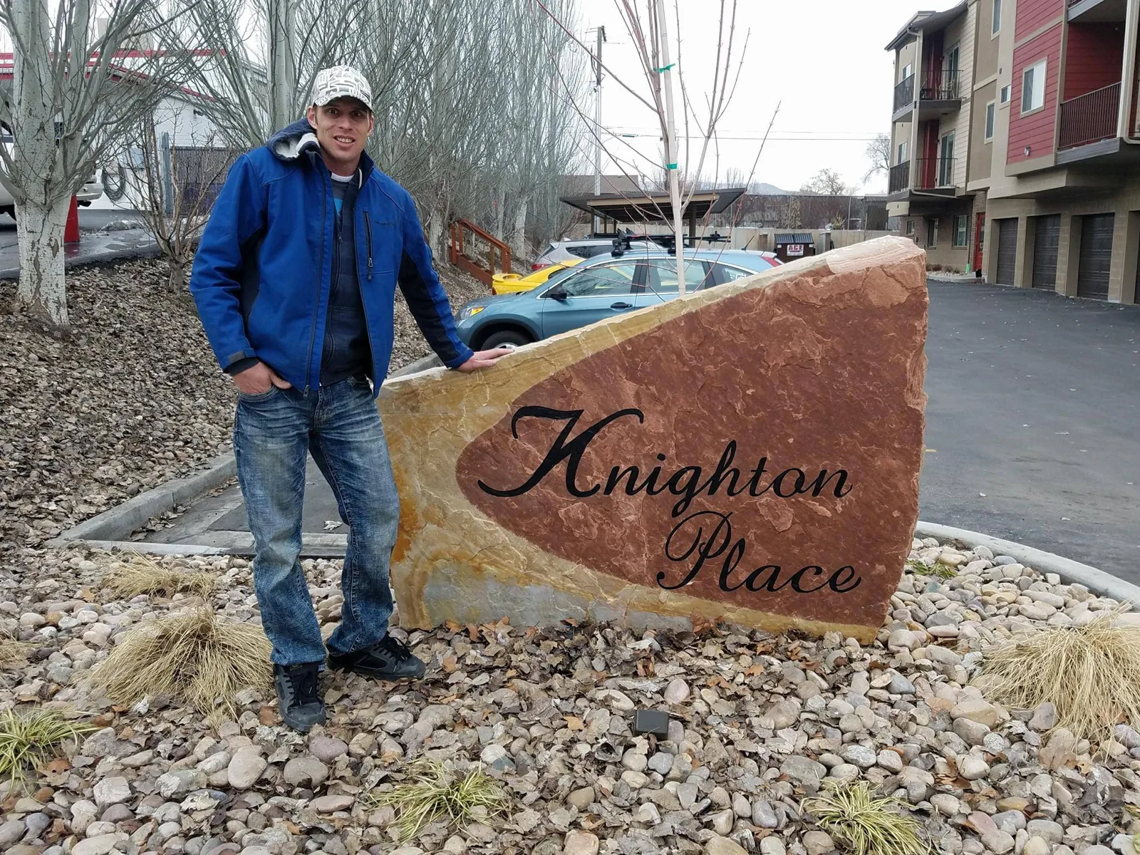 Engraved landscape boulder