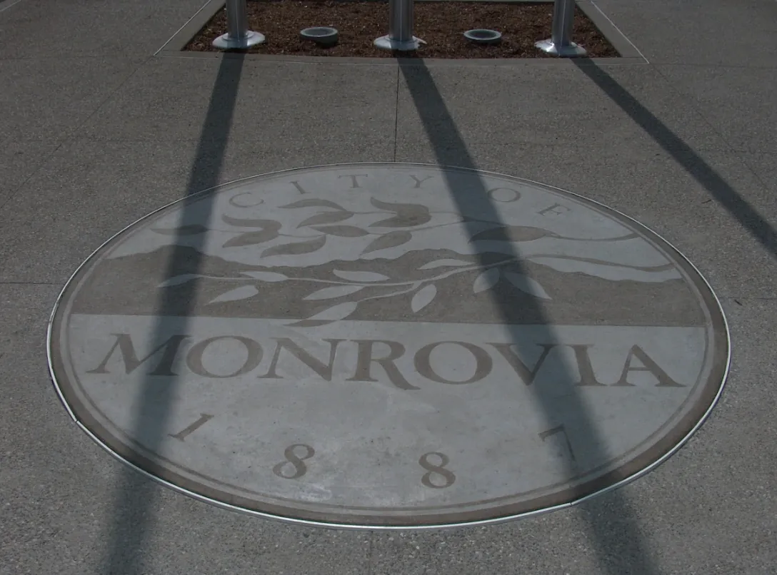 City of Monrovia seal engraved into a public plaza