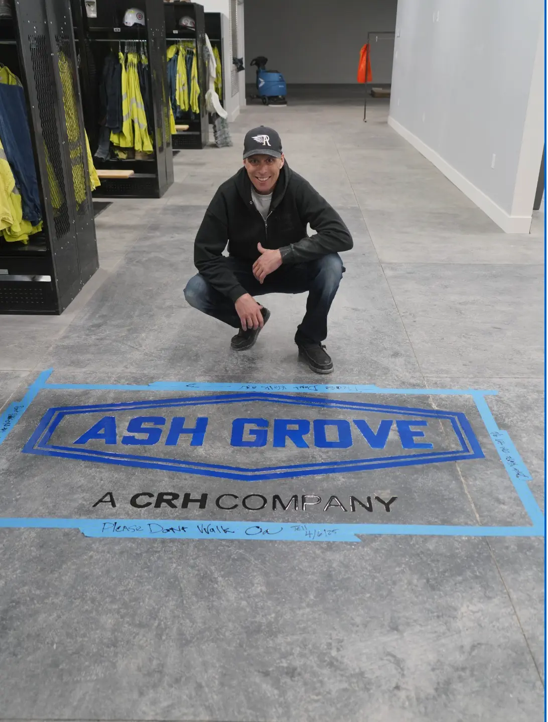 Ash Grove logo engraved into a polished concrete floor